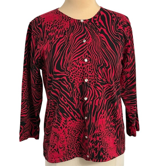 Cable & Gauge Sweaters - Cable & Gauge Red and Black Mixed Animal Print Cardigan Sweater